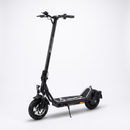 A black electric scooter with white graphic accents on the deck, shown from a three-quarters angle on a light gray studio background.