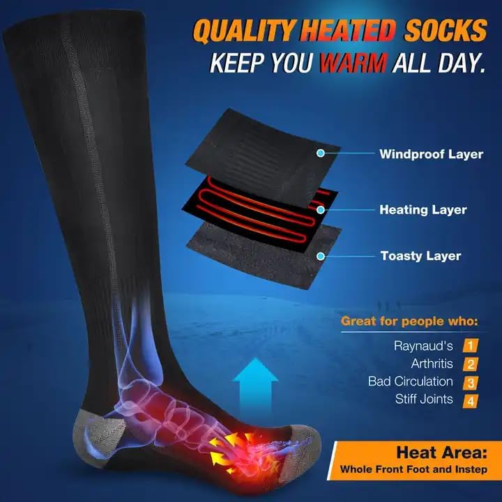 Redsky Medical Heated Socks for Men and Women Rechargeable - Electric Battery Thermal Heated Socks for Snow Skiing, Hiking, Cycling, Fishing, Camping 4 Temp Modes 5V 5000mA - RedSky Medical